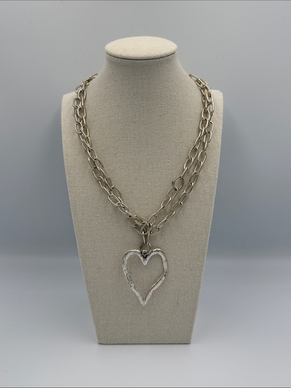 Textured Silver Heart Pendant Layered Double Link Necklace